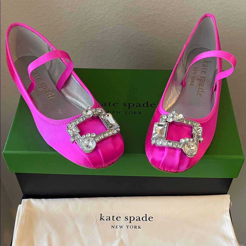 Kate Spade Fuchsia Women’s Satin Ballet Flats. Gem Accents